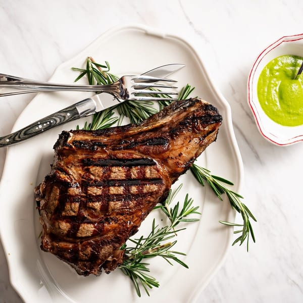 Grilled steak with rosemary sprigs on a white plate, with a side of green sauce.