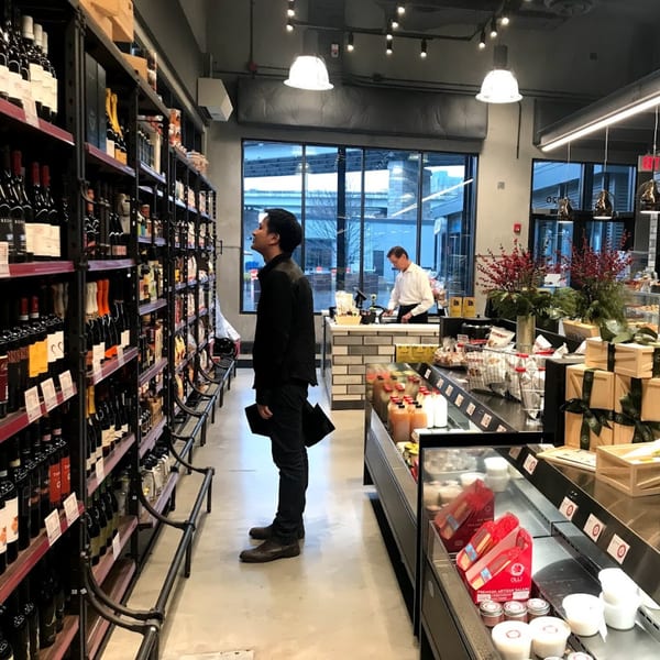 A man browses wine bottles on tall shelves inside Officina, an Italian market and restaurant.